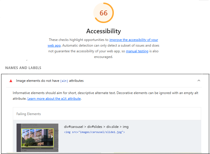 Lighthouse accessibility report showing missing alt attributes issue