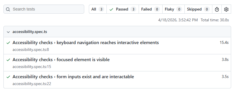 Playwright report showing 3 accessibility test cases passed